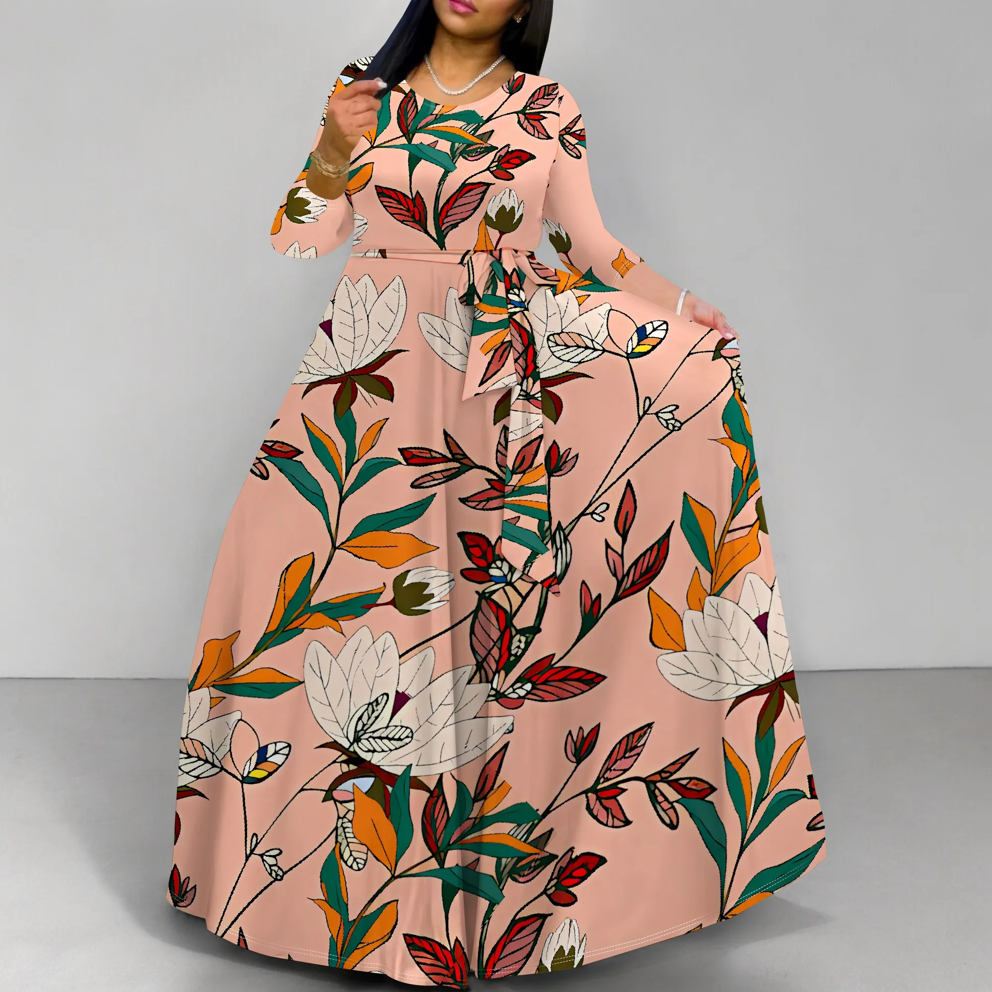 Floral Print Long Sleeve Maxi Dress for Women Peach Background Boho Style V-Neck Casual Outfit