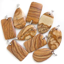Natural Picture Jasper Gemstone Pendant Fashion Reiki Healing Crystal Beads DIY Women Men Necklace For Jewelry Making BK527
