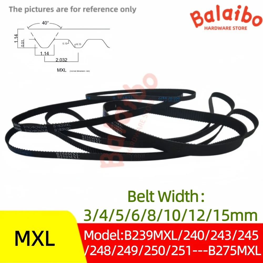 Correia de Sincronização de Borracha MXL de Alto Torque Largura 3/4/5/6/8/10/12/15mm Número do Modelo B239MXL/240/243/245/248/249/250/251/---B275MXL