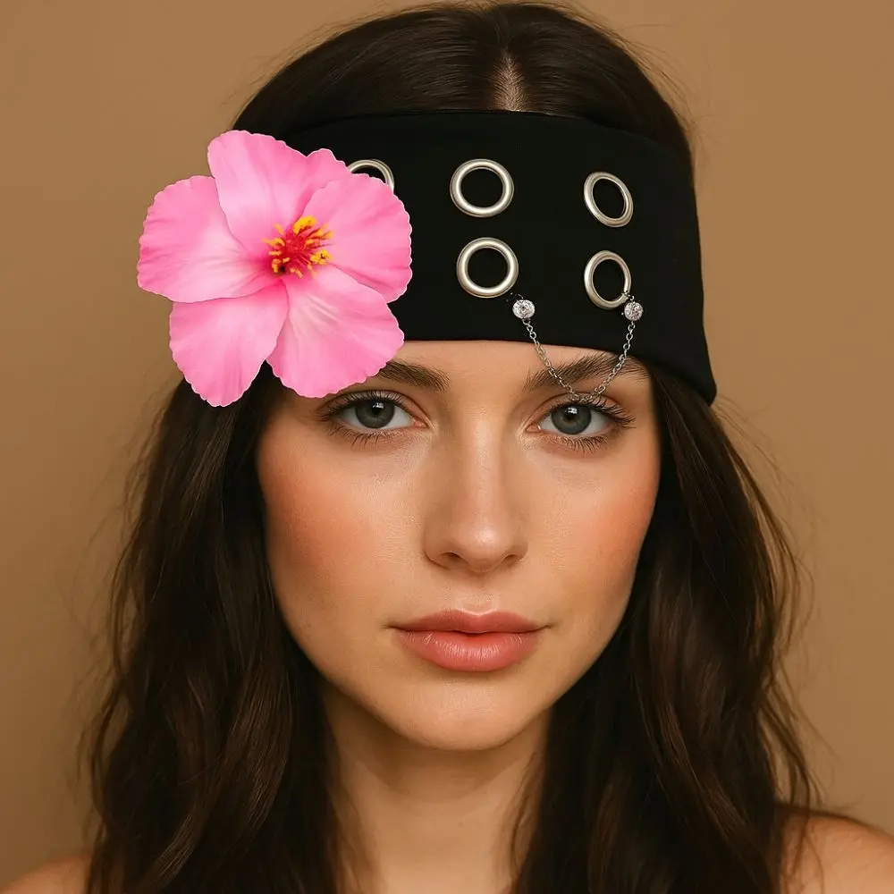 

Hibiscus Butterfly Orchid Knitted Hairband Y2K Hip-hop Flower Elastic Headband Hollow Out Breathable Rhinestone Chain Headscarf
