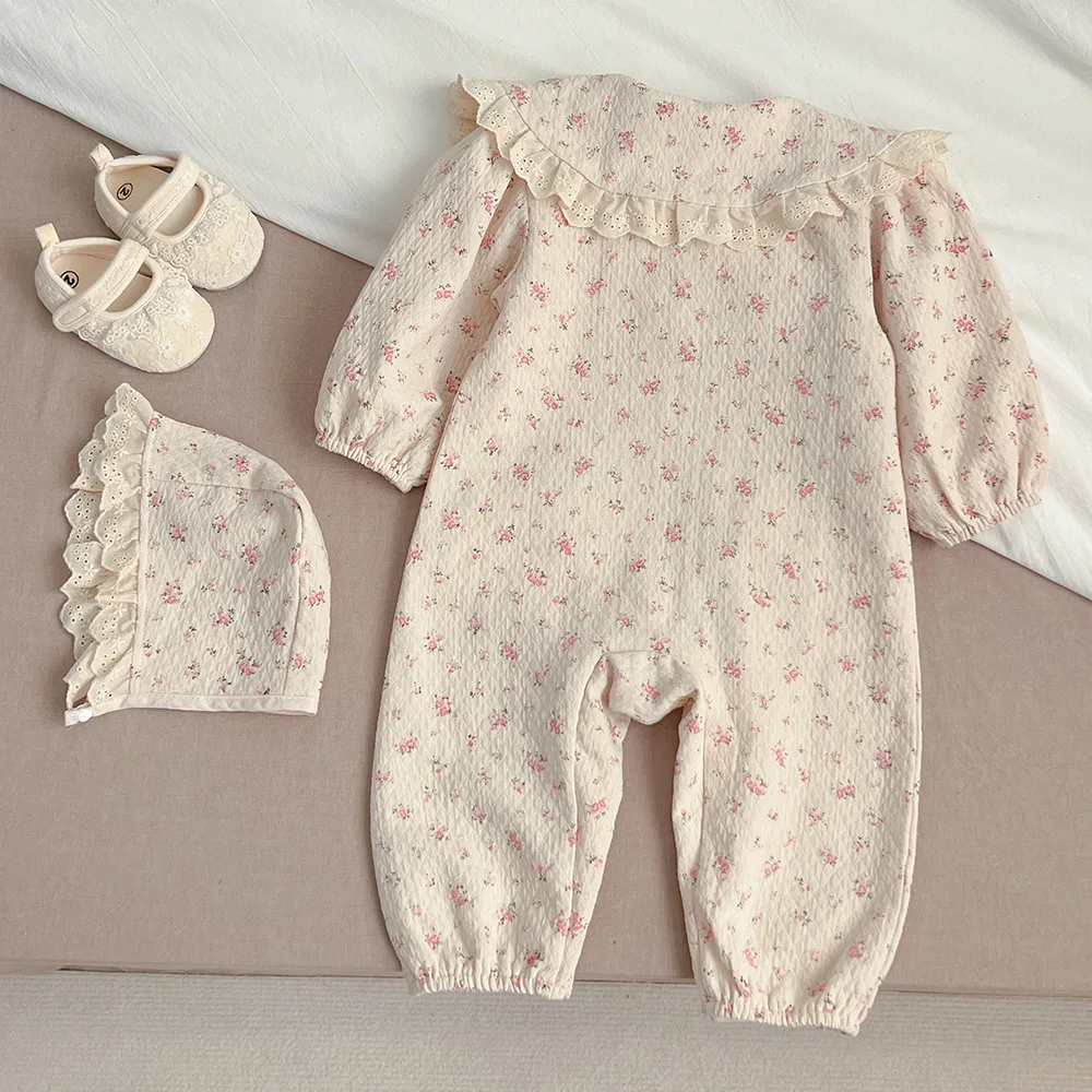 Baby Clothing Floral Romper 2024 Spring New Fashionable Baby Onesie Korean Style Lace Lapel Floral Hooded Long Romper