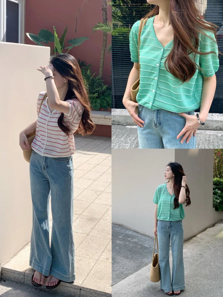 

Вязаная мягкая женская футболка в полоску, тонкая, с коротким рукавом, летний топ, маленький размер XS, удобная, дышащая, из полиэстера и хлопка.