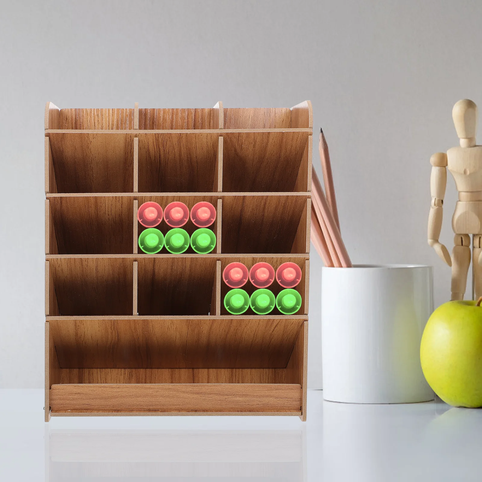 رف أقلام خشبي ذو سعة كبيرة منظم سطح المكتب حامل أقلام متعدد الشبكات رف تخزين الأدوات المكتبية للمكتب والمنزل #6