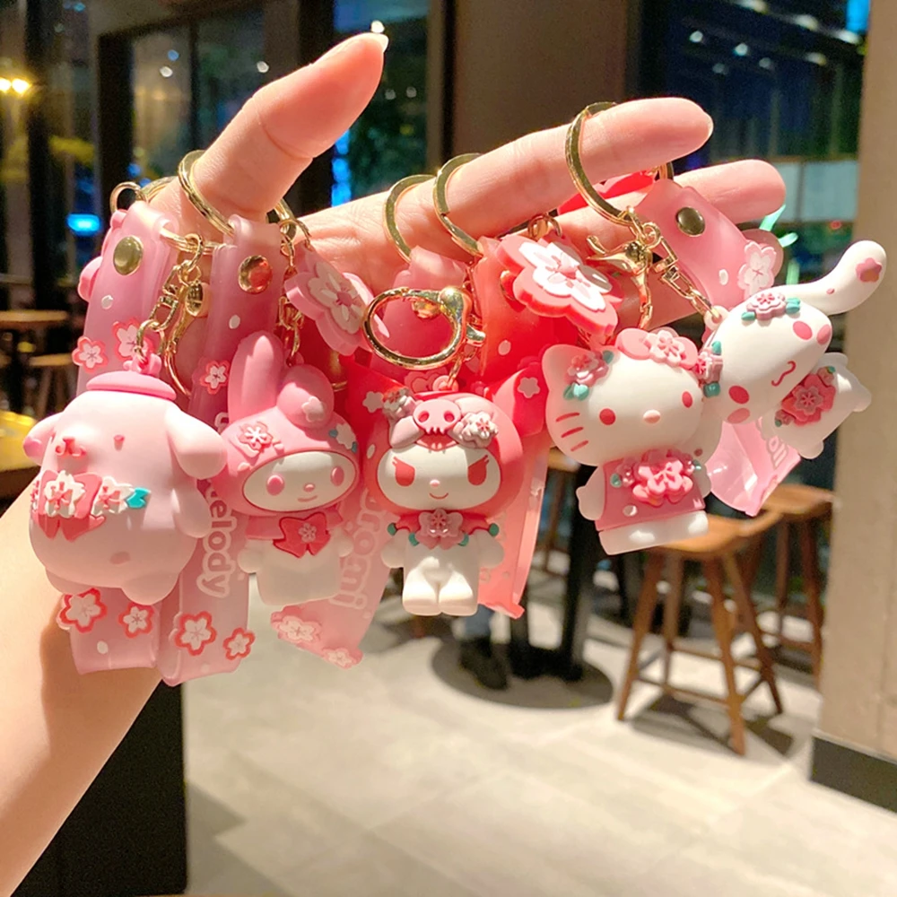 New Cartoon Keychain Kawaii Pink Hello Kitty Key Ring Cute Melody Kuromi Couple Bag Ornament Sakura Accessories Car Pendant Gift