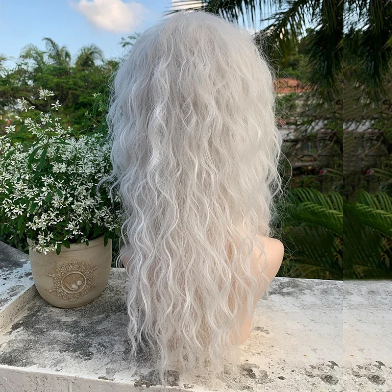 SEEANO Synthetic Cosplay Wig Long Curly With Bangs White Wig Pure White Wool Roll Lolita Women Halloween Cosplay Wig Female