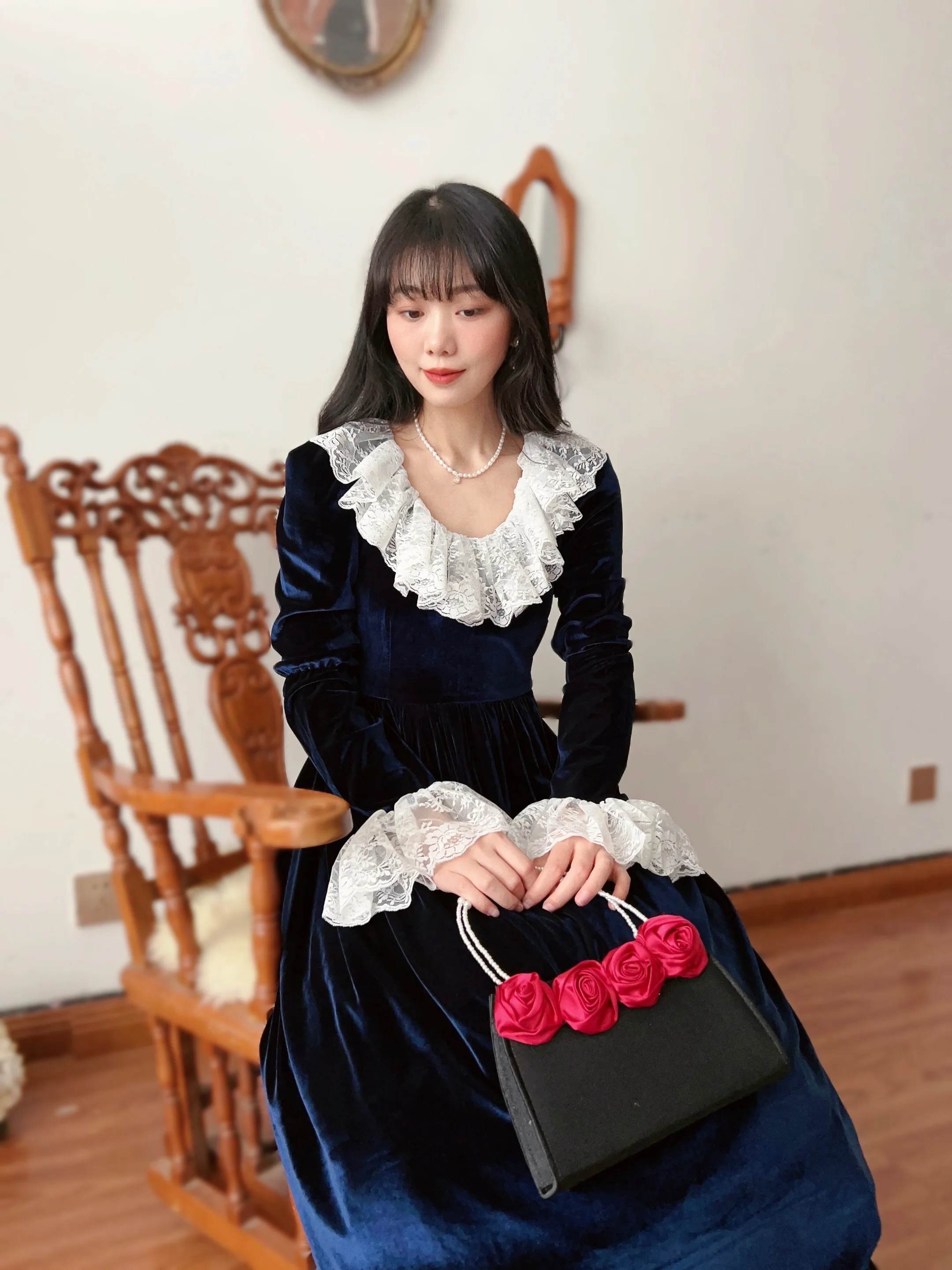 TIYIHAILEY Long Maxi Women Ladies Velvet Dress Full Sleeve Custom Made Lace Patchwork Spring Winter Autumn Spring Vintage 2025