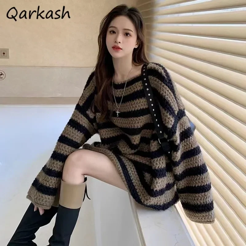 Striped Pullovers Women Loose O-neck Pullover Long Sleeve Knitted Sweaters Vintage Temperament Design Cozy Casual Fashion New