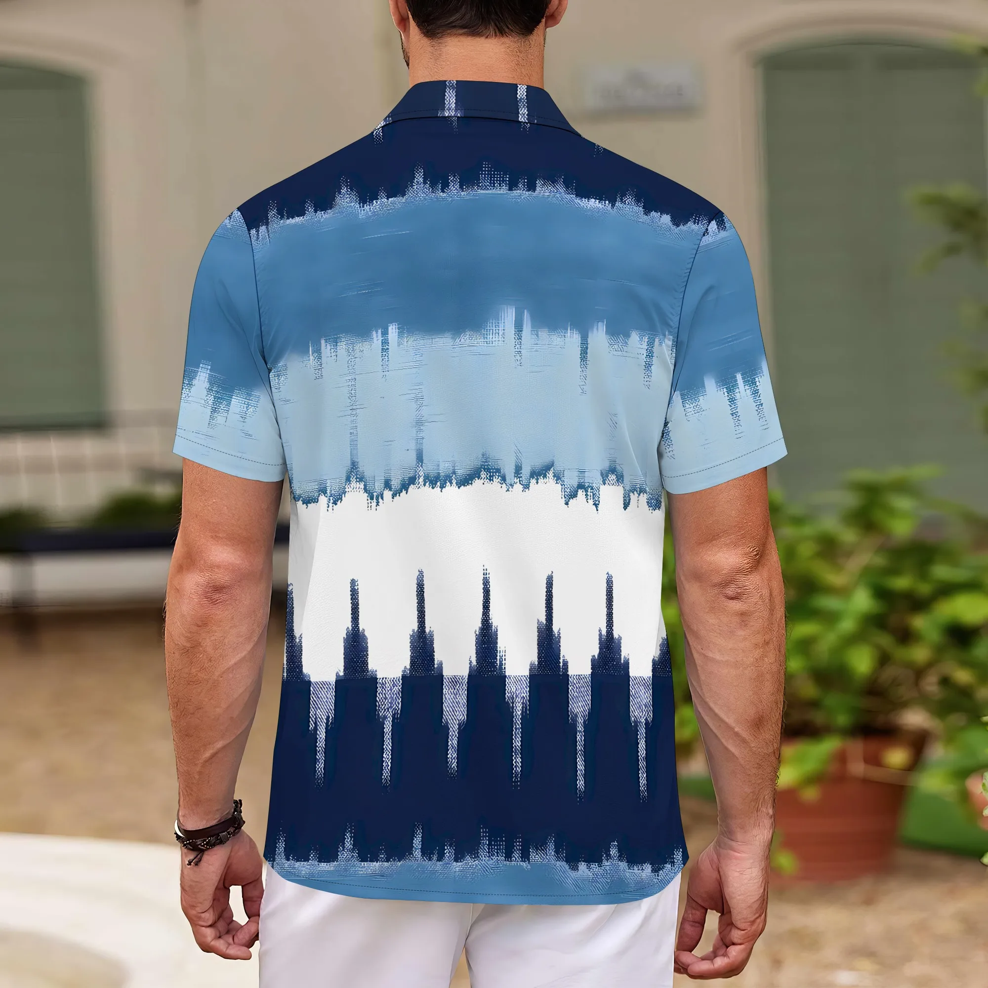 YEAE Blue White Gradient Wave Print Shirt for Men Summer Casual Short Sleeve Top