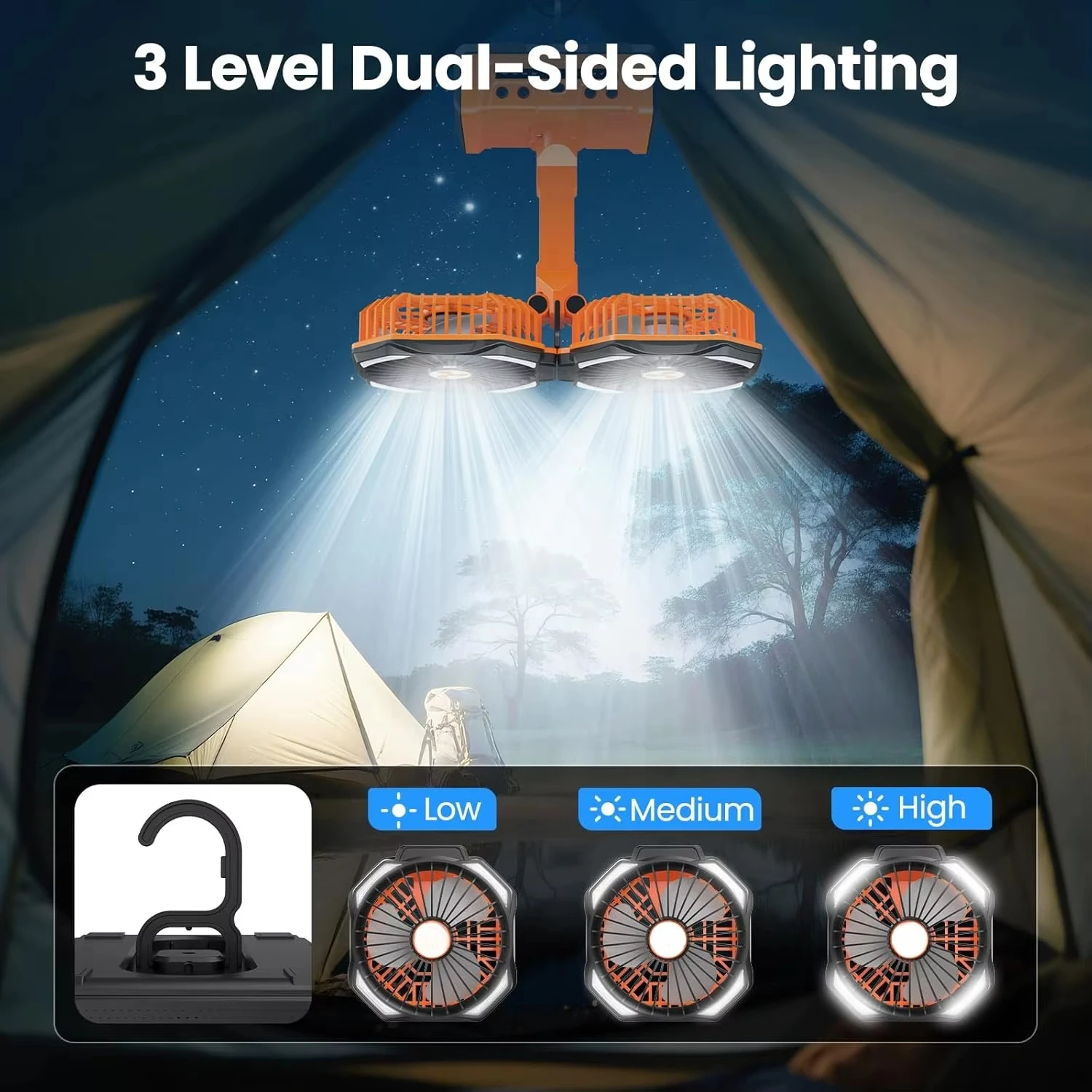 

Orange Color Camping Fan Dual Head Foldable Design Remote Control LED Lantern Battery Powered For Tent Jobsite Travel