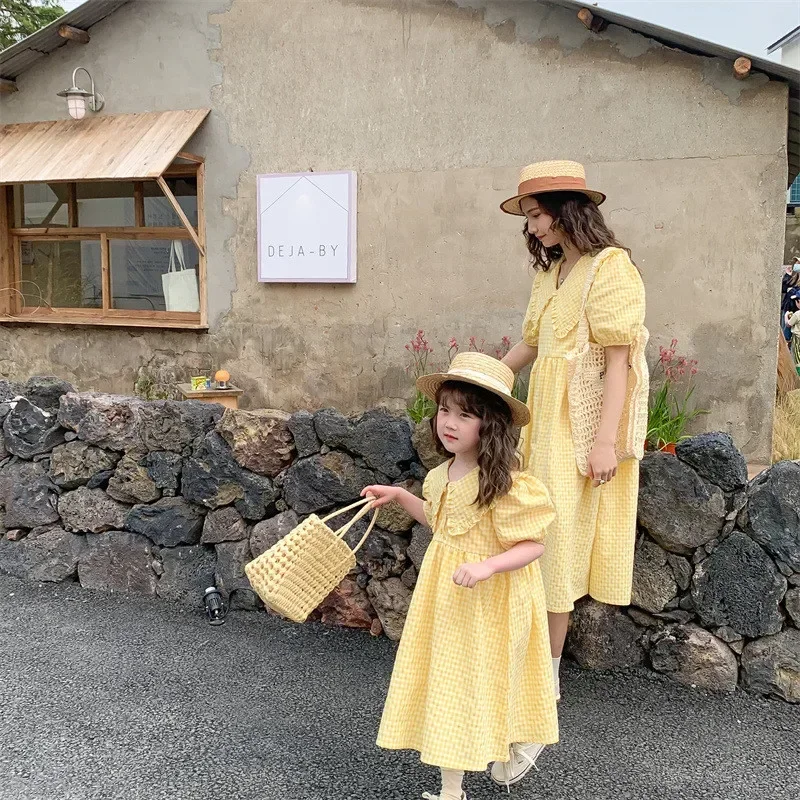 Family Matching Clothes Summer 2024 Korea Mother Daughter Dresses Plaid Cotton Family Look Mommy And Me Clothes Women Girl Dress