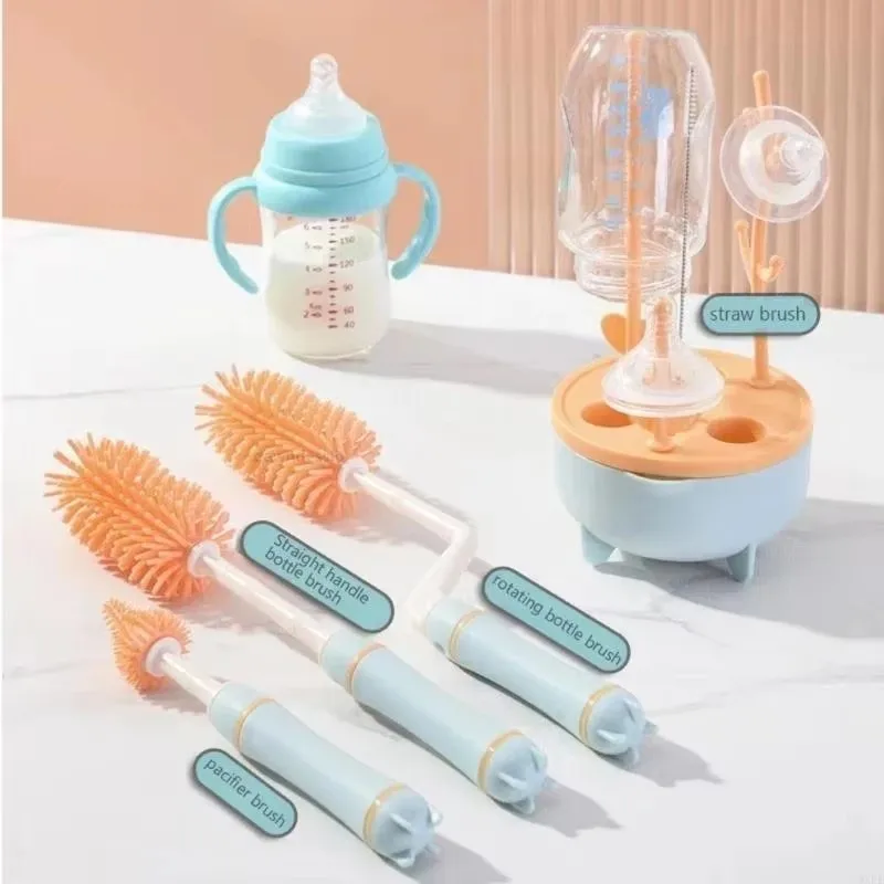 Soft Head Baby Bottle Cleaner Set 360 Degree Rotation Nipple Dropper Bottle Cleaning Brush Silicone Drying Rack Pink/Green/Blue