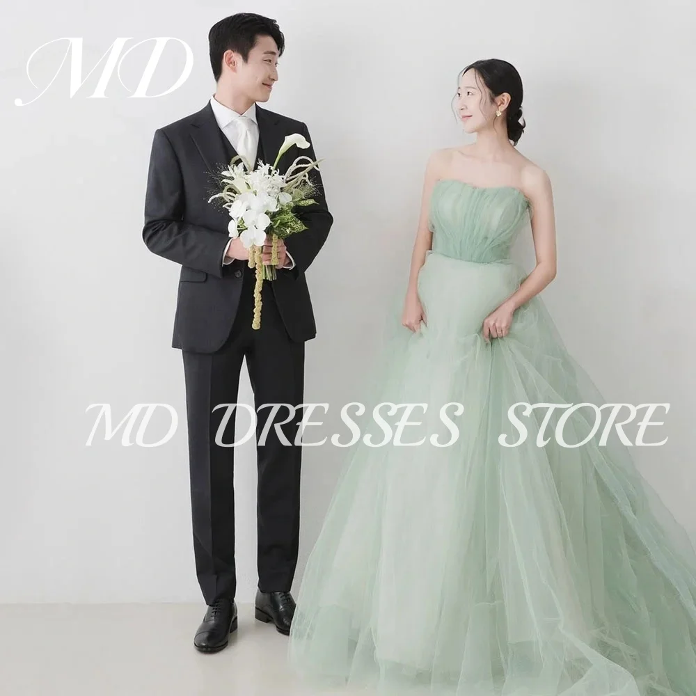 MD A-line Fairy Mint Green Wedding Dresses Tulle Strapless Bride Gowns Korea Tiered Photo shoot Reception Gown Customized 2025