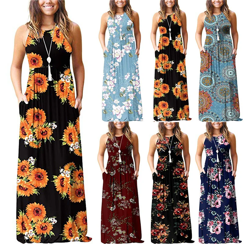 

Women's Round Neck Loose Sleeveless Dress, Casual Long Skirt
