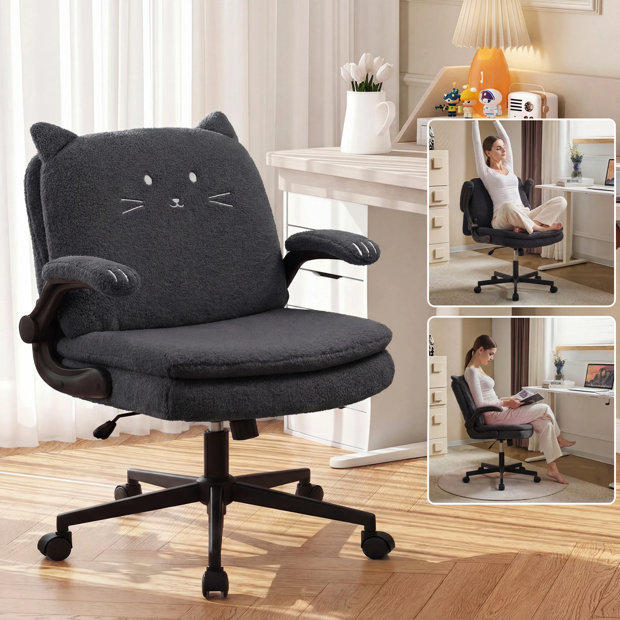 

TCGBKAF Black Criss Cross Chair with Wheels&Flip-Up Arms, 25" Seat Cross Legged Office Chair with Flip-Up Back, Ergonomic Computer Desk Chair, Adjustable Swivel Vanity Fleece Chair