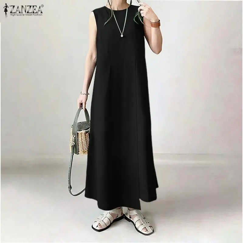 

Летнее элегантное платье-сарафан ZANZEA 2026 без рукавов для женщин, стильное повседневное платье-майка для отпуска, однотонное офисное платье оверсайз