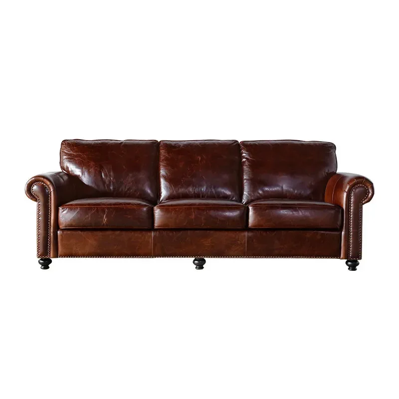American rural retro pull-up button oil wax leather art sofa, European double three four combination corner leather sofa