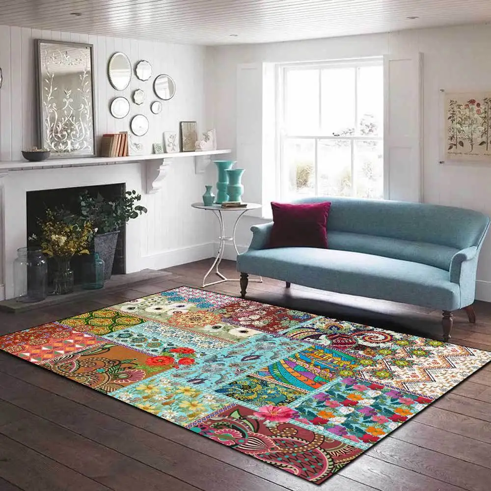 

Bohemian National Style 3D Carpet, Flower Print, Soft Flannel Large Rug, Living Room, Bedroom, Hallway, Kitchen Floor Mat