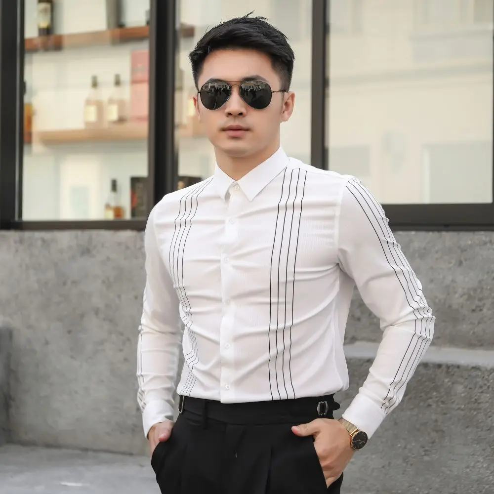 High Quality Men’s Spring&Autumn Korea Version Long Sleeve Fashion Stripe Printing Casual Shirts Slim-fit All Match Street Shirt