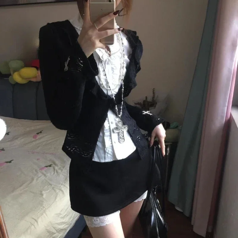 

French Sweet Cool Harajuku Popular 3 Piece Sets Y2k Exquisite Draped White Blouse Black Cardigan Japan Punk Streetwear Skirts