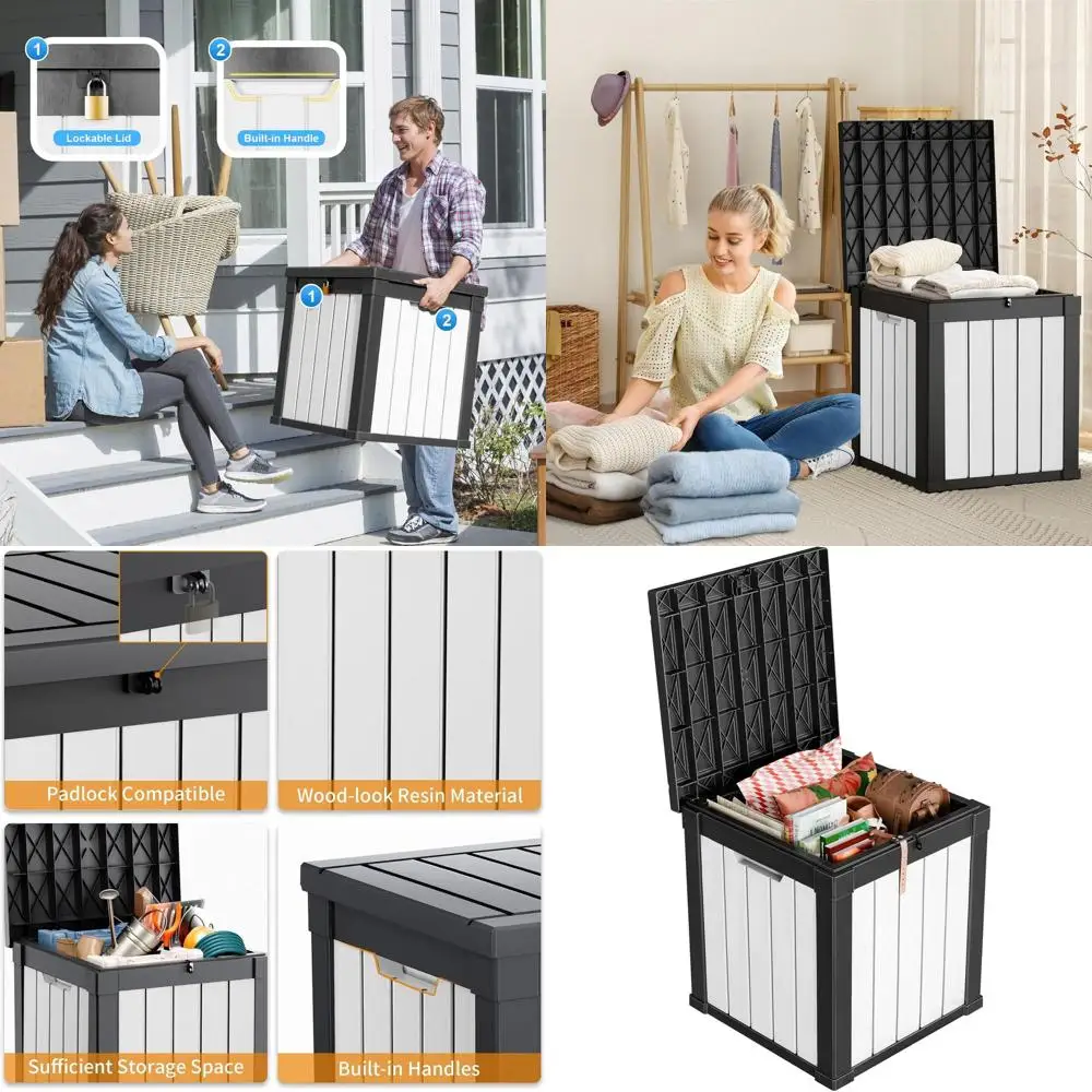 

50 Gallon Weatherproof Lockable Outdoor Storage Box for Deck, Patio, Garden Tools, Pool Supplies - UV Resistant, Black and White