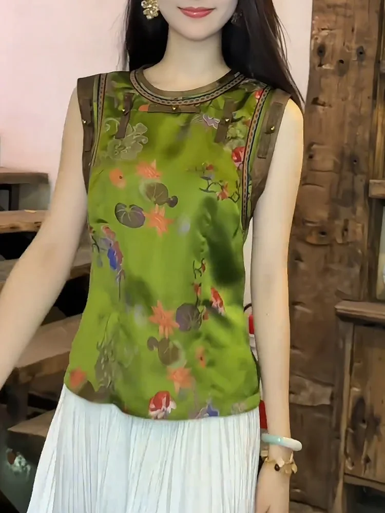 

Новый китайский дизайн Sle на пуговицах, женский модный утягивающий топ больших размеров, лето 2025 года, для поездок на работу, с цветочным принтом