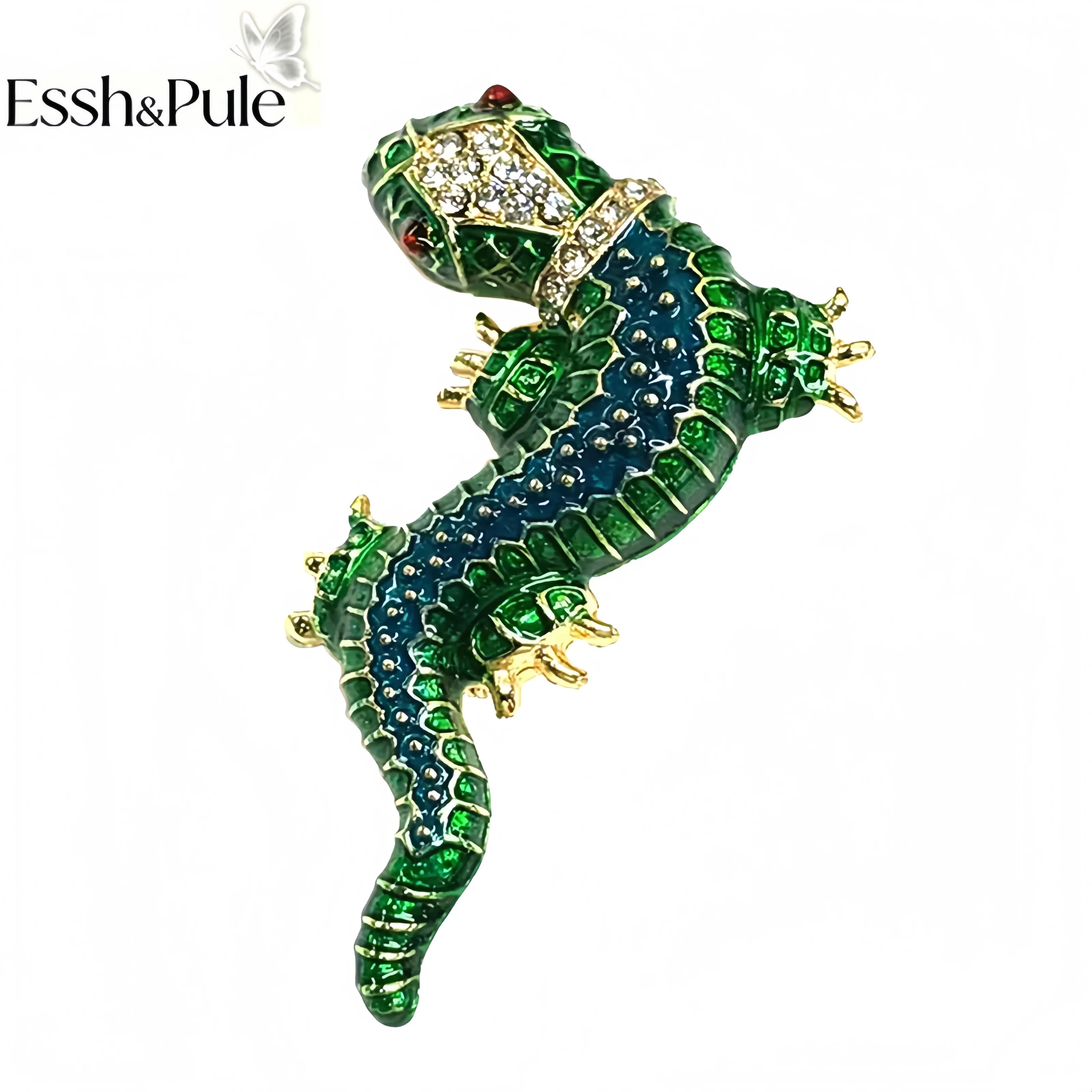 Essh&Pule Vintage Lizard Crocodile Brooch Multicolor Rhinestone Enamel Reptile Lapel Pin Women Jungle Suit Coat Animal Jewelry