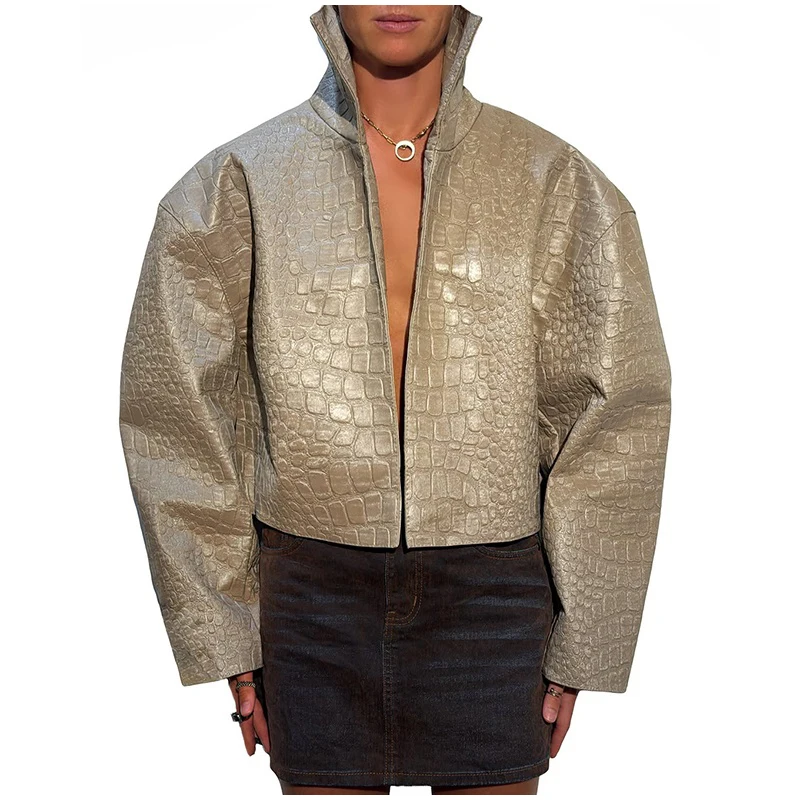 Crocodile Embossed Faux Leather Long Jackets Chic Wide Lapel Belted Waist Quarter Sleeve Loose Coat Women Street Chic Outfits