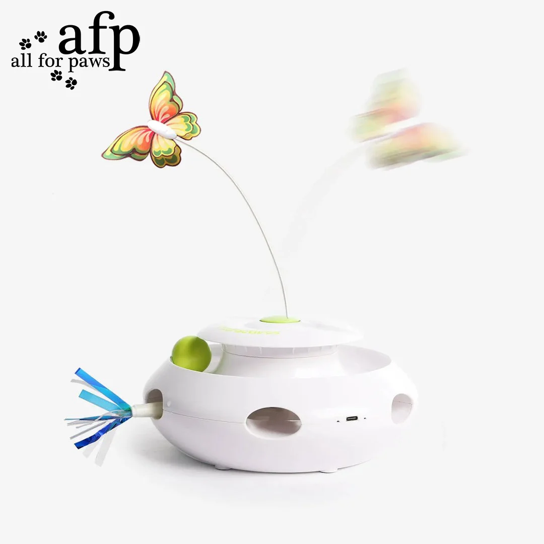 

All For Paws 3 in 1 Motion Activated Cat Toy USB Rechargeable Interactive Promoting Healthy Play Wlectronic Toy with Butterfly and Ribbons