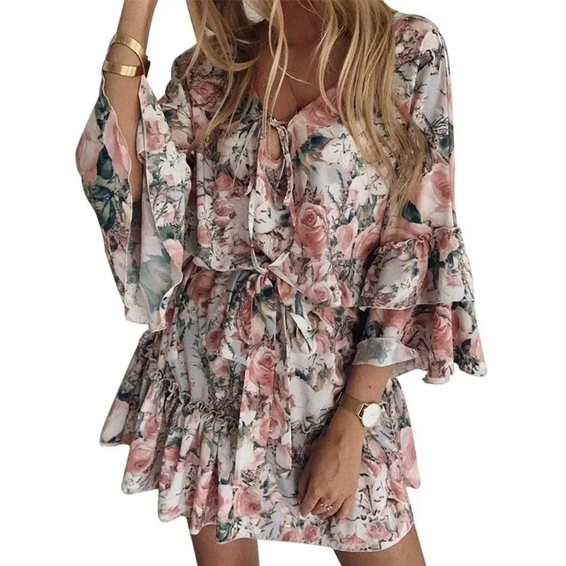 Women Boho Dresses Summer 2022 Sexy V Neck Floral Print Boho Beach Dress Ruffle Long Sleeve A Line Mini Dress Wrap Sundress Robe