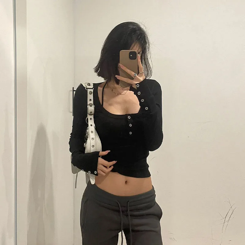 Y2K Aesthetic Square Collar Women T Shirts Fashion Streetwear Slim Female Crop Tops Spring Chic Long Sleeve Bottoming Black Tees