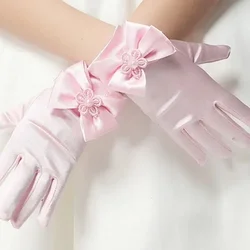 Nieuwe Zoete Satijnen Bloem Kinderhandschoenen Witte Handschoenen Voor Kinderen Meisjes Trouwhandschoenen Met Strik Kids Mode Kinderwanten