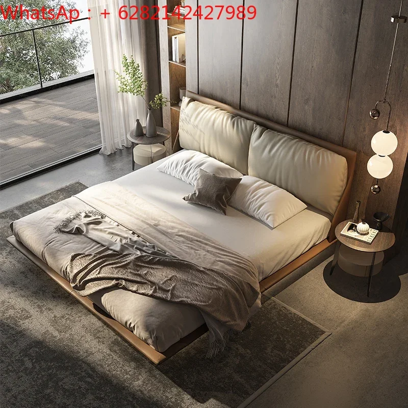 

bed Italian suspended leather very simple soft package double master with lamp head layer cowhide room high-end