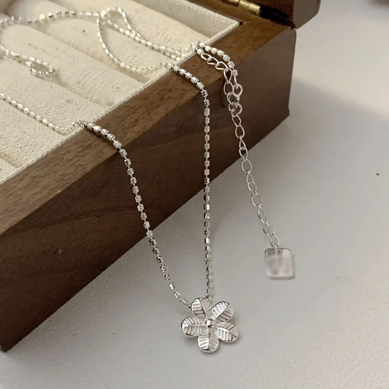 VENTFILLE 925 Sterling Flower Necklace for Women Girl Texture Bead Sweet Romantic Simplicity Jewelry Gift Dropshipping