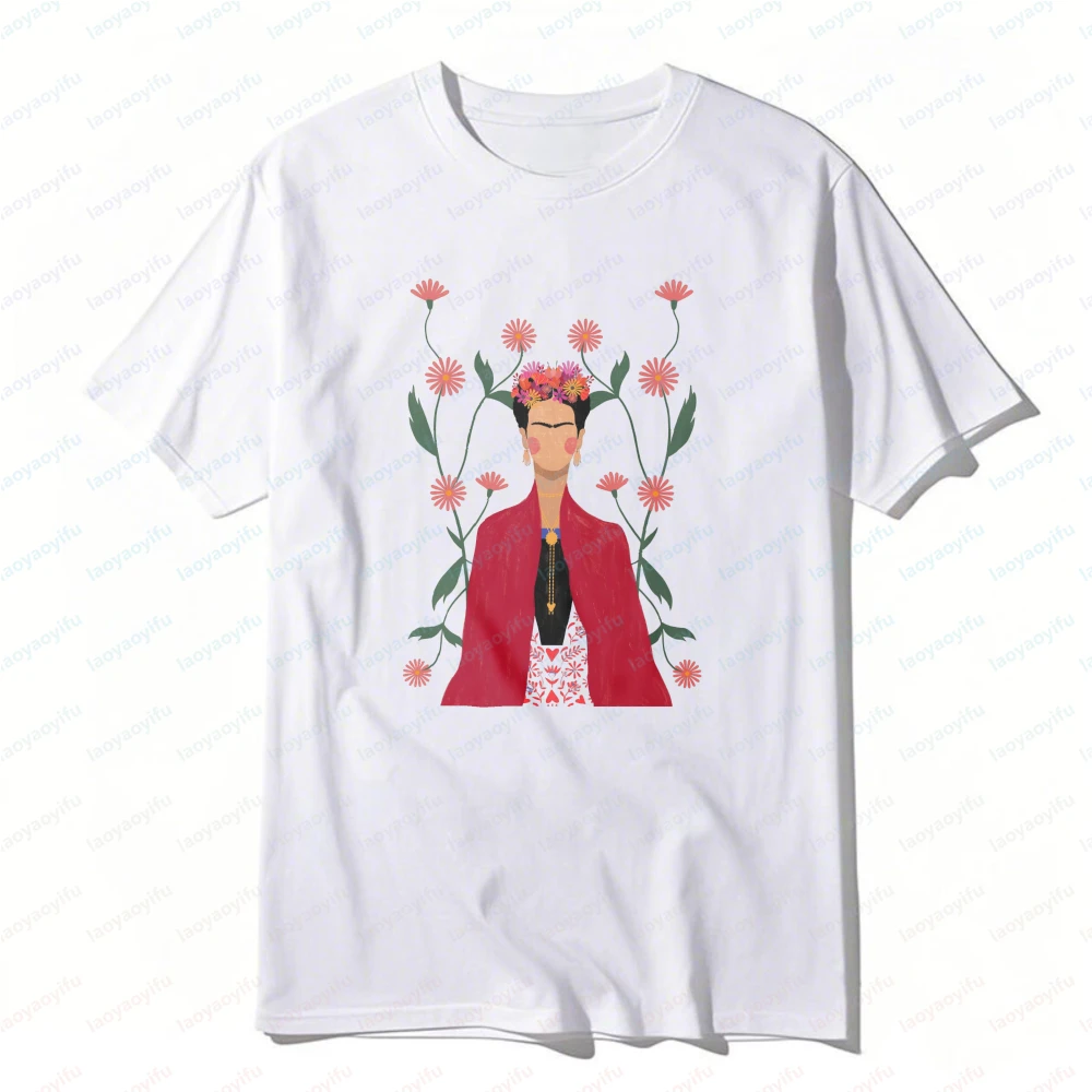 Bohemian Style Frida Kahlo Floral Portrait Artistic Shirt Floral Elements Unisex Cotton T-Shirt Fashion Casual Summer Cotton Tee view 2