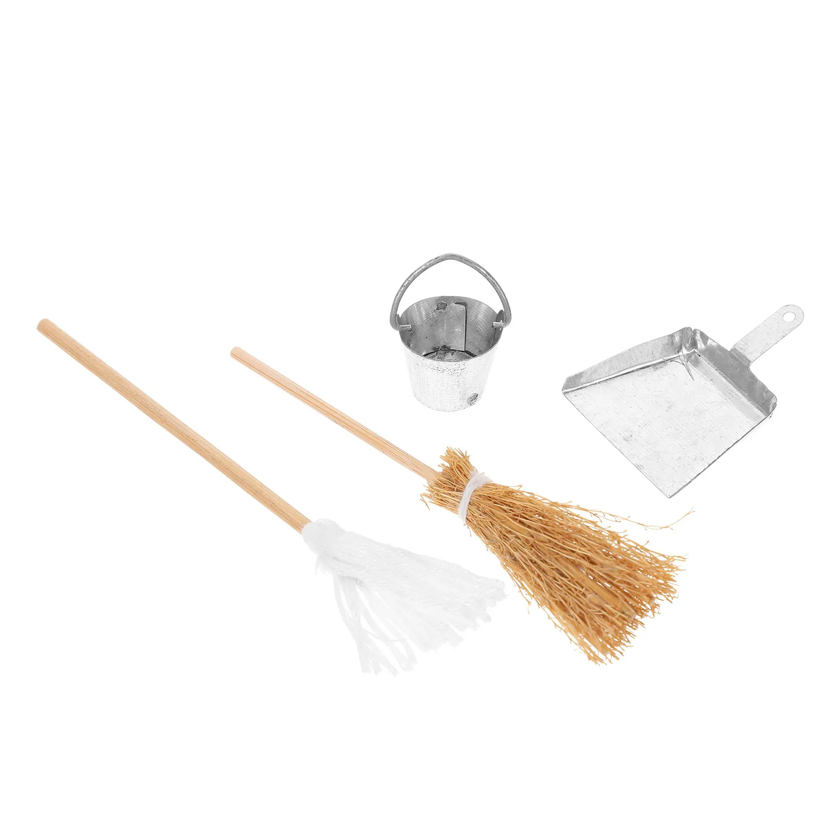 

1Set Miniature Broom Dustpan Bucket Mop Cleaning Tool Resin Wood Iron Micro House Ornament Halloween Party Decoration Desktop