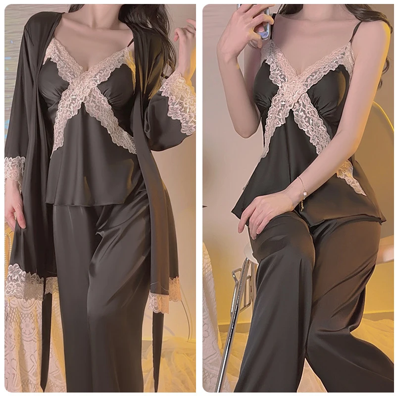 Loose Satin Homewear 5PCS Pajamas Set Sexy Pink Lace Trim Wedding Robe Nightgown Set Bathrobe Gown Spring Summer Women Sleepwear