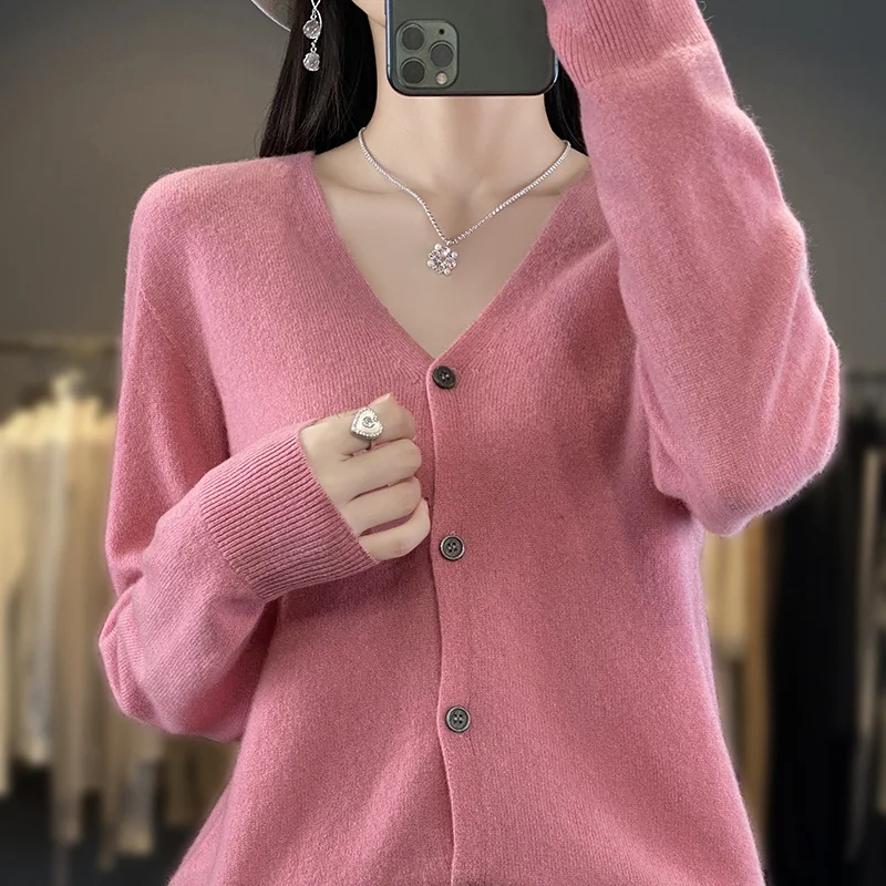 ฤดูใบไม้ร่วงฤดูหนาว 100 Merino ขนสัตว์เสื้อกันหนาว Elegant CASHMERE Pullover ผู้หญิง V คอยาวแขนยาวเสื้อถัก Basic เสื้อผ้าเสื้อจัมเปอร์