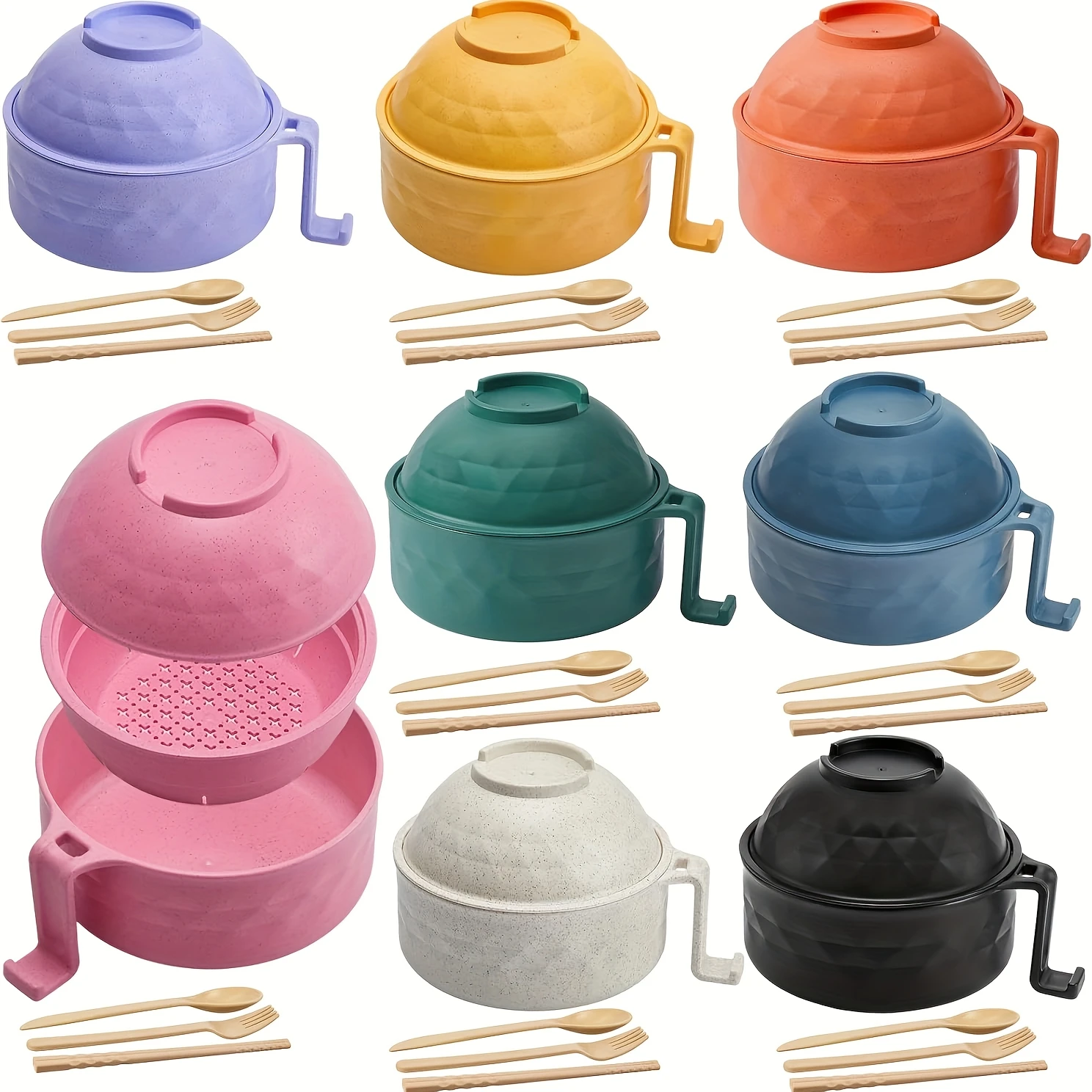 1 Juego de cuenco Ramen para microondas, cuenco Ramen rápido portátil con mango, cuchara, palillos, tenedor, dormitorio universitario, elementos esenciales para apartamento