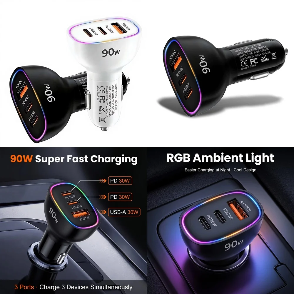 90W Car Charger Multi Port Fast Charging Dual PD 30W Type C USB A 30W Power Adapter PPS QC3.0 SCP RGB LED Light for MacBook