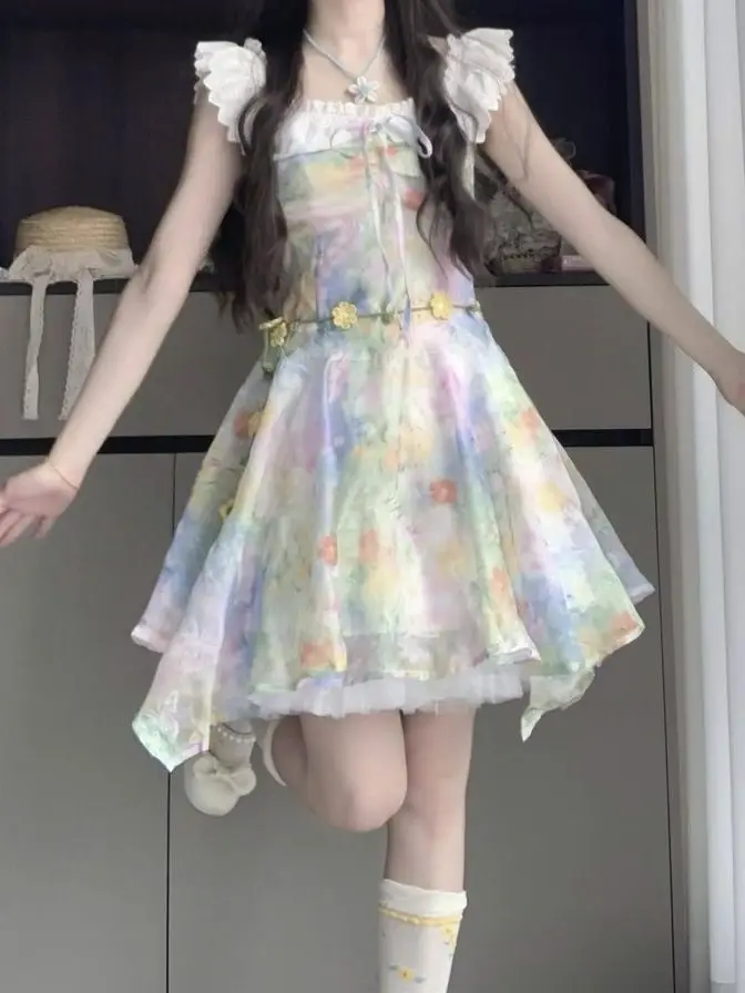 

Japan French Small Flying Sleeves Sweet Dopamine Dress Female Summer College Wind Waist Slim Oil Painting Princess A-Line Skirt