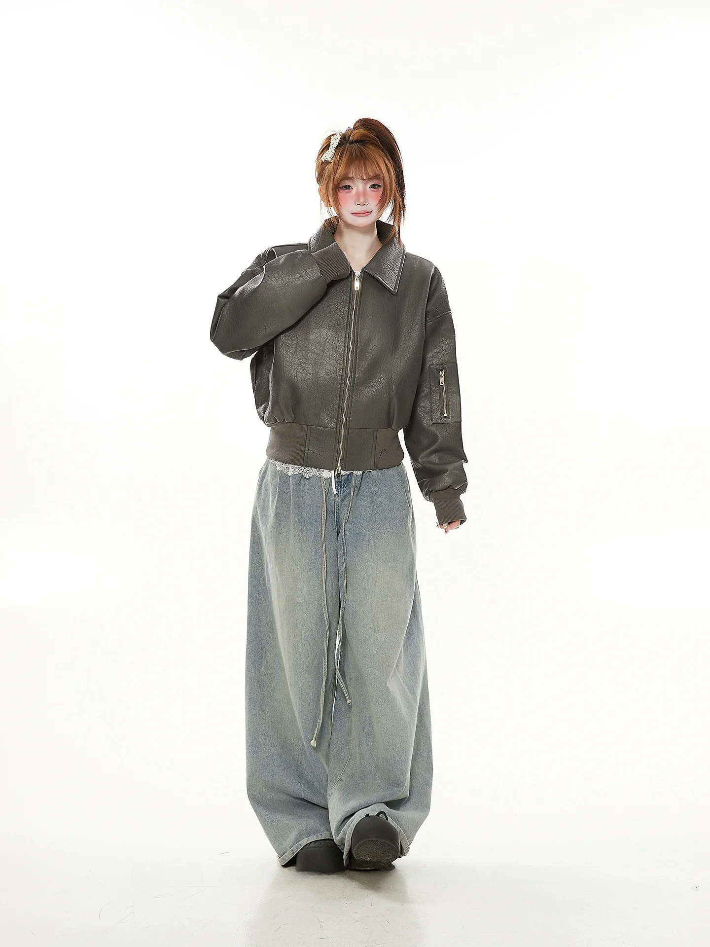 Kurtka damska z ekoskóry PU, wiosenno-jesienna, modna, markowa, wzór liczi, retro, styl amerykański, motocyklowa, robocza.