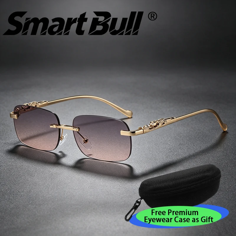 Smart Bull Frameless Square Gradient Sunglasses - Luxurious Metal Leopard Pattern Embossed Armrests - Fashionable UV-Protective Eyeglasses for Men and Women - Multiple Colors Available with Giftable Portable Case