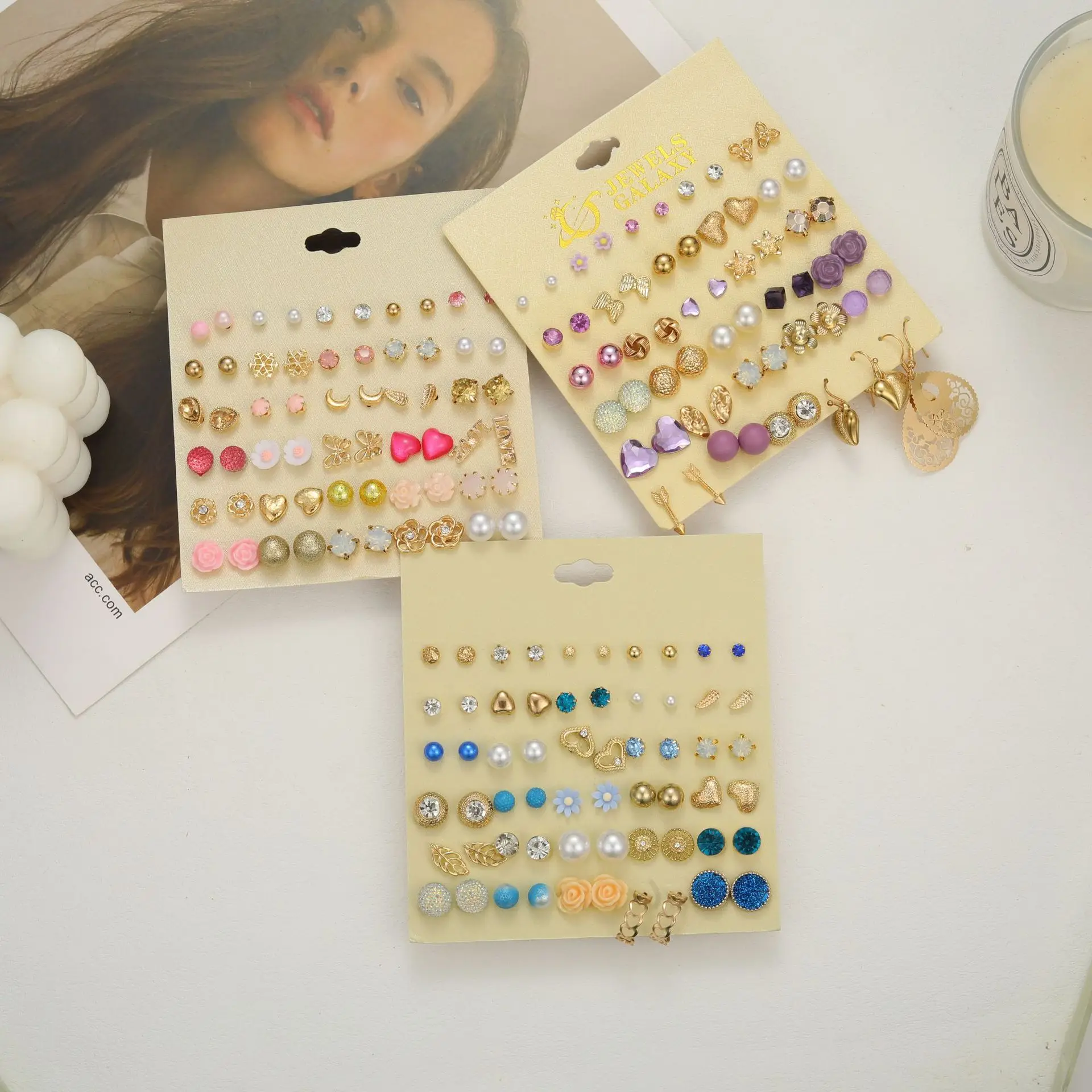 1Set Hot Selling Creativity Personality Mini Minimalist Alloy Earring Set 30 Pairs Women's Flower Pearl Heart Earrings Wholesale