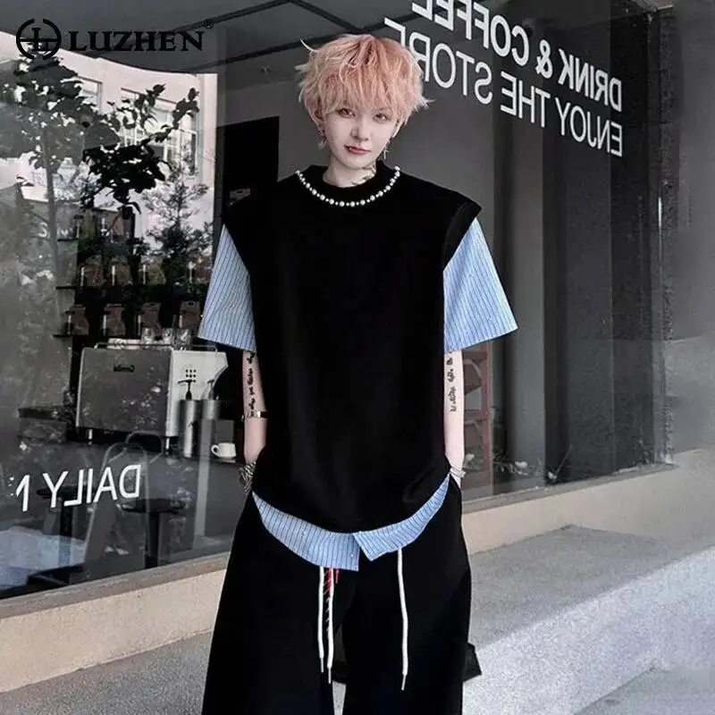 LUZHEN Sleeve 2026 Summer New Pearl Decorate Round Neck Short T-shirts Men's Fashion Handsome Fake Two Piece Design Tops JY8003