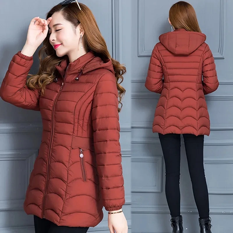 Winter Middle-aged Women Detachable Hooded  Warm Coat Largesize Loose Cotton Medium Long Outerwear Female Casual