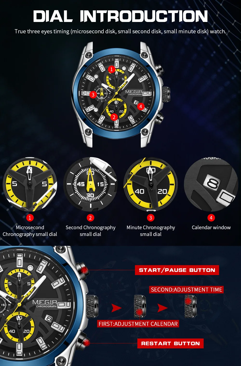 Fashion Megir Men\'s Top Brand Luxury Sport Military Chronograph Luminous Date Quartz Silicone Male Multi-function Wrist Watches