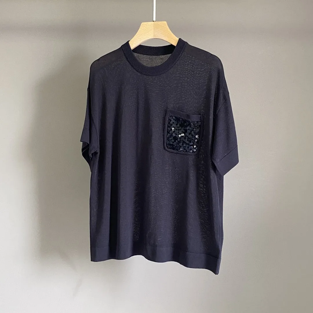 

Women's 25 Spring Summer New Round Neck Pocket Sequins Shu Joker Knitted Short Sleeve Top T-shirt
