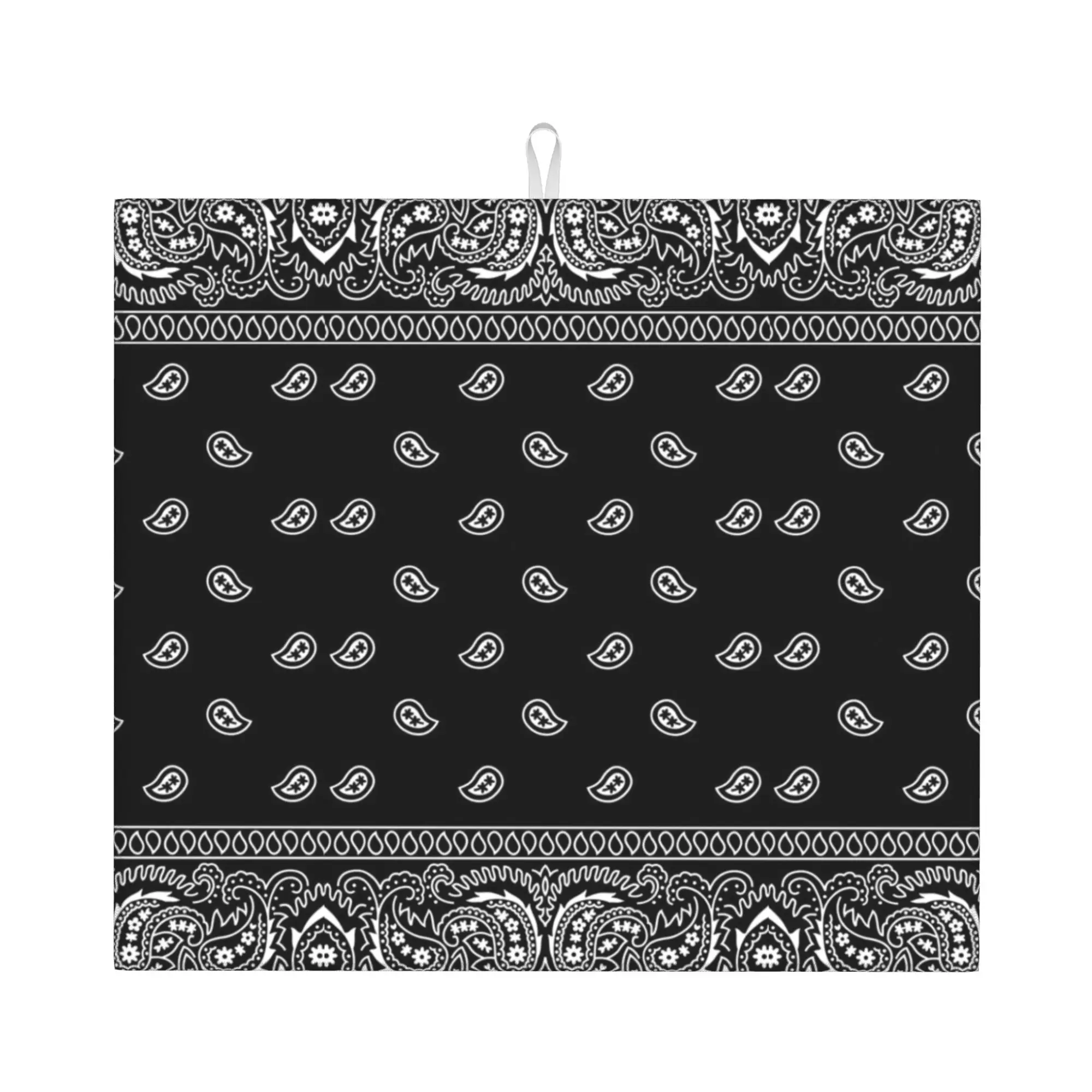 Black And White Paisley Chicano Bandana Style Drying Mat For Kitchen Waterproof Non‑Slip Reusable Countertop Protector Mat
