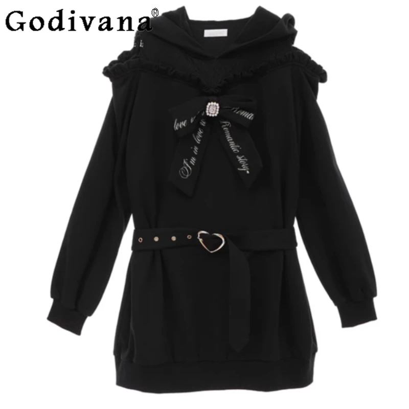 

New Spring Autumn Japanese Lace Off-Shoulder Long Sleeve Hooded Sweater Sweet Embroidery Bow Long Sleeve Age Reducing Loose Top