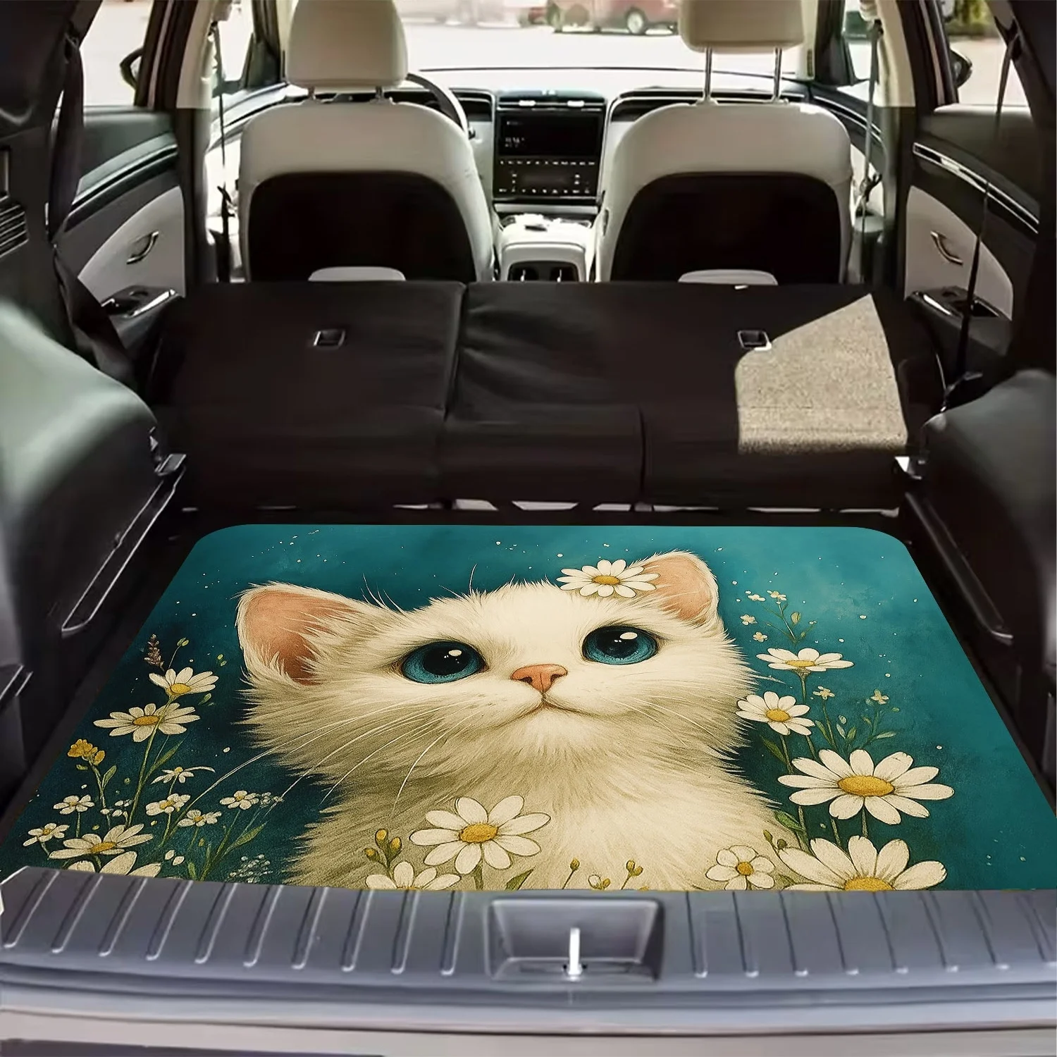 1pc, A Cute Cat And Daisy Flower Style Car Trunk Mat, Featuring A Fresh And Natural Print Pattern, An Essential Item For Travel,